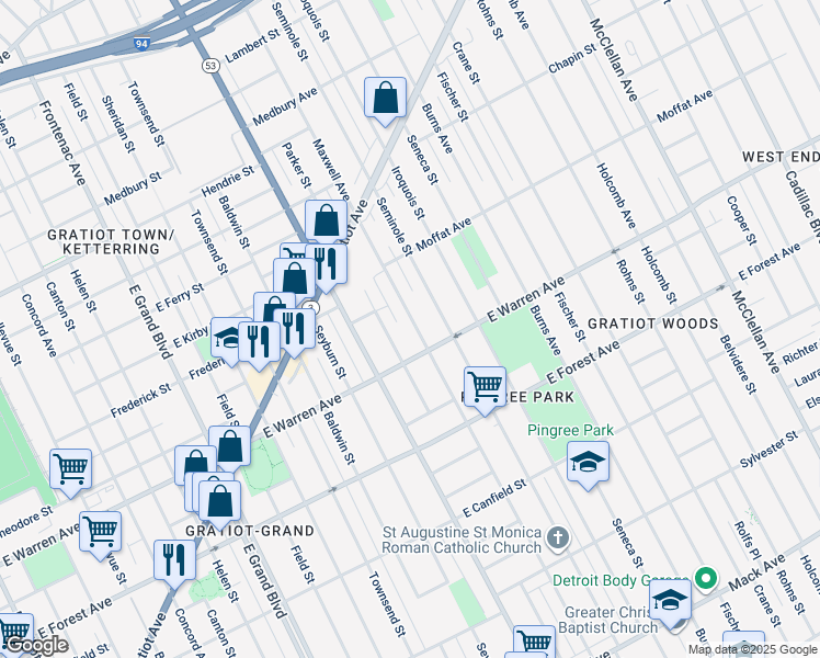 map of restaurants, bars, coffee shops, grocery stores, and more near 5101 Maxwell Avenue in Detroit