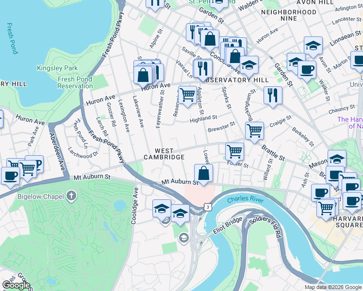map of restaurants, bars, coffee shops, grocery stores, and more near 167 Brattle Street in Cambridge