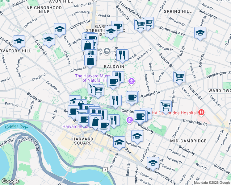 map of restaurants, bars, coffee shops, grocery stores, and more near 9 Oxford Street in Cambridge