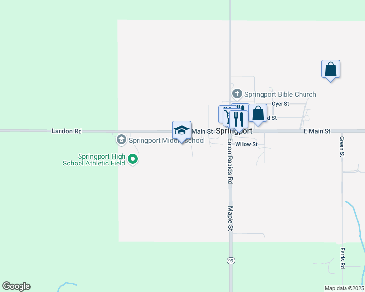 map of restaurants, bars, coffee shops, grocery stores, and more near 300 West Main Street in Springport
