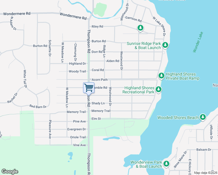 map of restaurants, bars, coffee shops, grocery stores, and more near 8706 Ramble Road in Wonder Lake