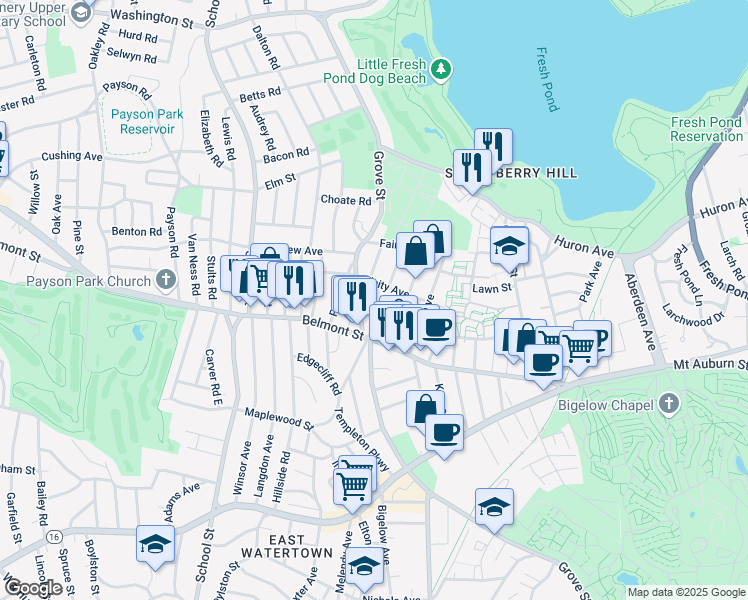 map of restaurants, bars, coffee shops, grocery stores, and more near 41 Marion Road in Belmont