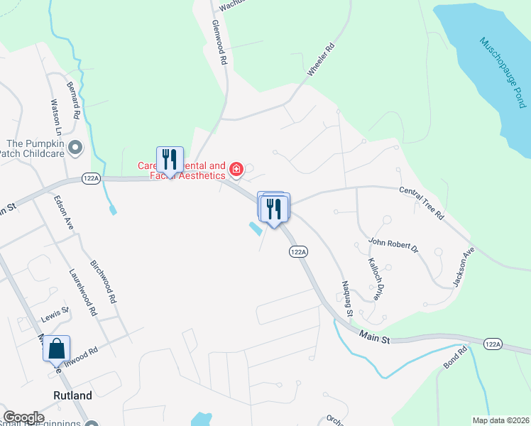 map of restaurants, bars, coffee shops, grocery stores, and more near 94 Main Street in Rutland