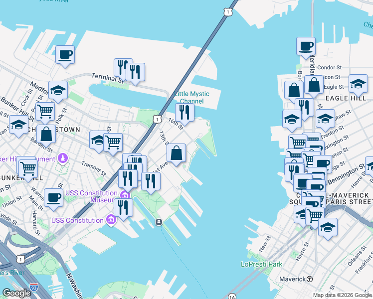 map of restaurants, bars, coffee shops, grocery stores, and more near 250 1st Avenue in Boston