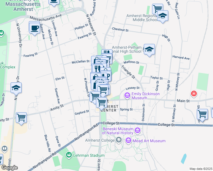 map of restaurants, bars, coffee shops, grocery stores, and more near 159 North Pleasant Street in Amherst