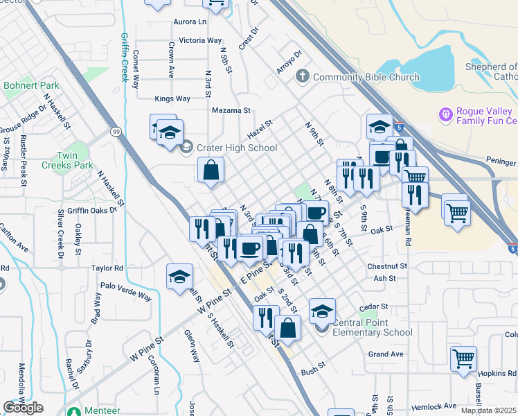 map of restaurants, bars, coffee shops, grocery stores, and more near 221 North 5th Street in Central Point