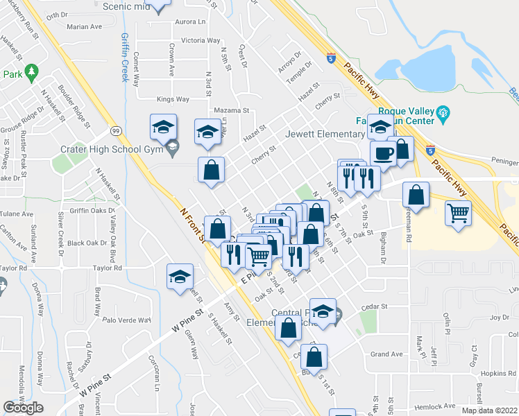 map of restaurants, bars, coffee shops, grocery stores, and more near 221 North 5th Street in Central Point