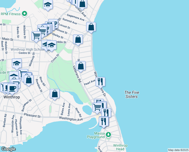 map of restaurants, bars, coffee shops, grocery stores, and more near 162 Winthrop Shore Drive in Winthrop