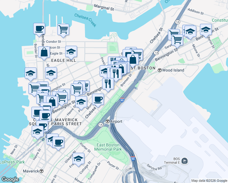 map of restaurants, bars, coffee shops, grocery stores, and more near 354 Chelsea Street in Boston
