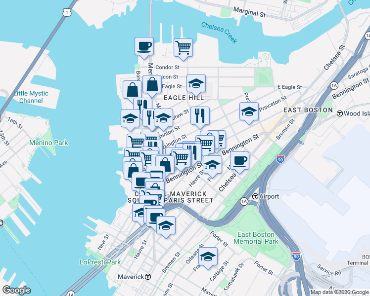 map of restaurants, bars, coffee shops, grocery stores, and more near in Boston