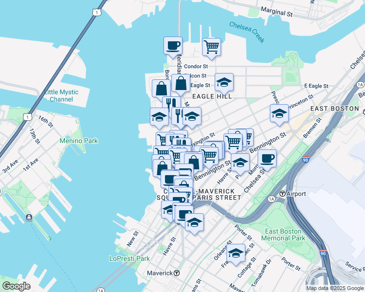 map of restaurants, bars, coffee shops, grocery stores, and more near 7 Trenton Street in Boston