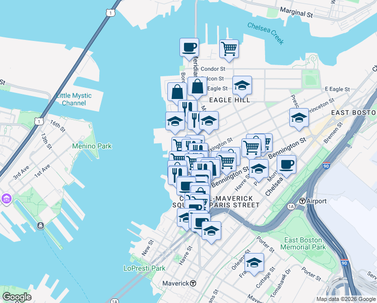 map of restaurants, bars, coffee shops, grocery stores, and more near 307 Border Street in Boston