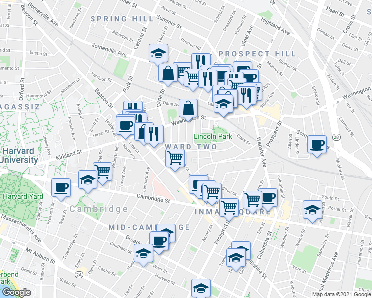map of restaurants, bars, coffee shops, grocery stores, and more near in Somerville