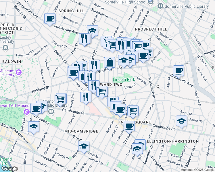 map of restaurants, bars, coffee shops, grocery stores, and more near 35 Rose Street in Somerville