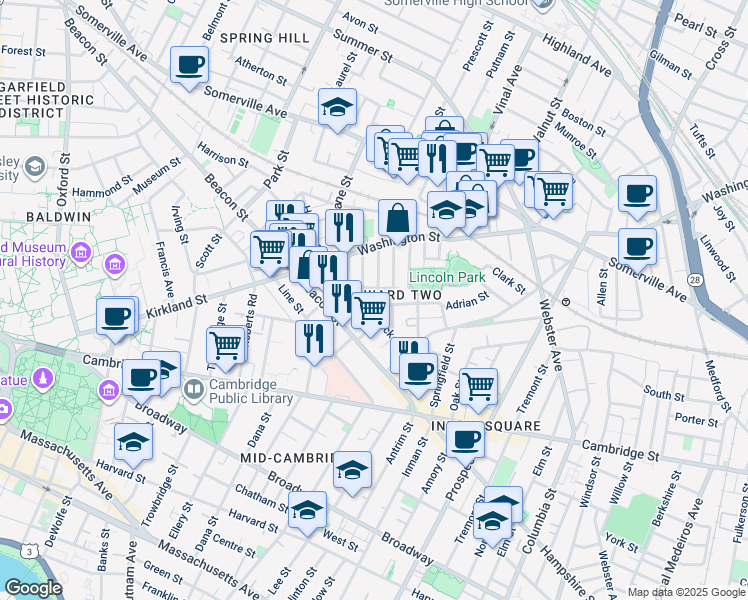 map of restaurants, bars, coffee shops, grocery stores, and more near 35 Rose Street in Somerville