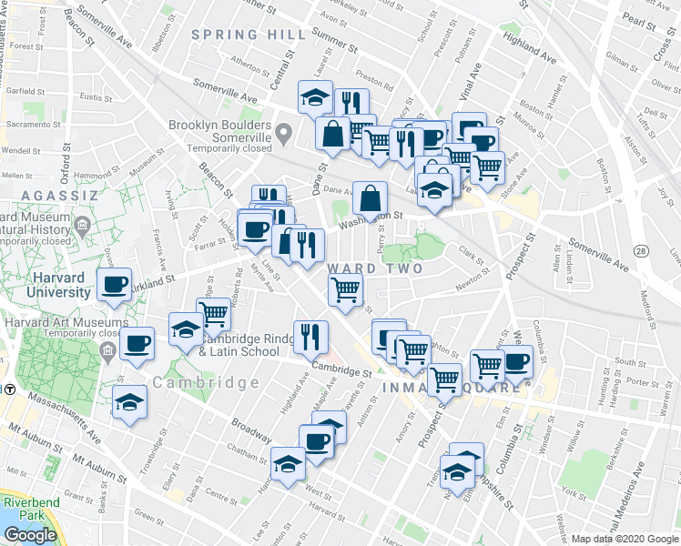 map of restaurants, bars, coffee shops, grocery stores, and more near 35 Rose Street in Somerville