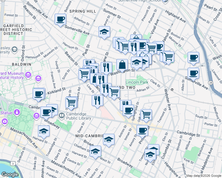 map of restaurants, bars, coffee shops, grocery stores, and more near 35 Rose Street in Somerville