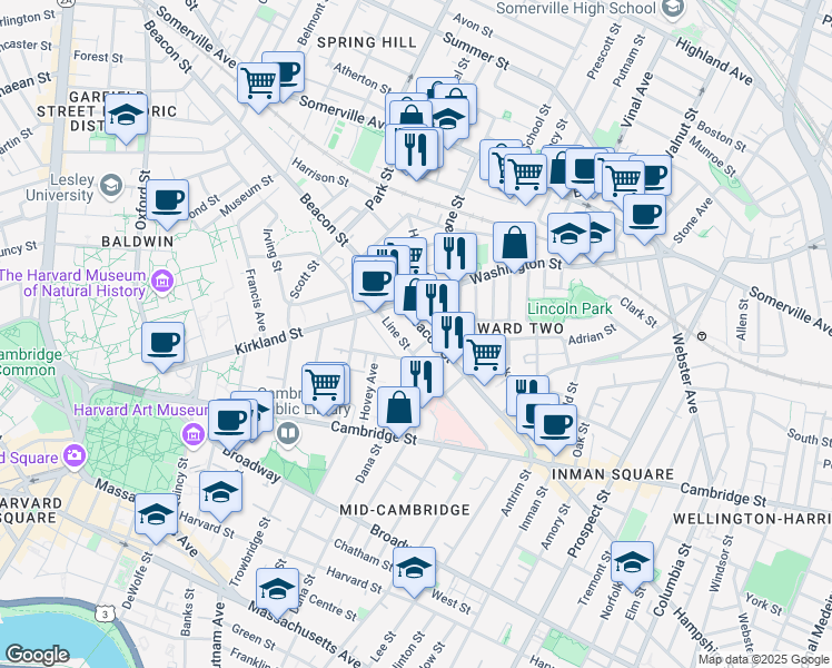 map of restaurants, bars, coffee shops, grocery stores, and more near 123 Beacon Street in Somerville