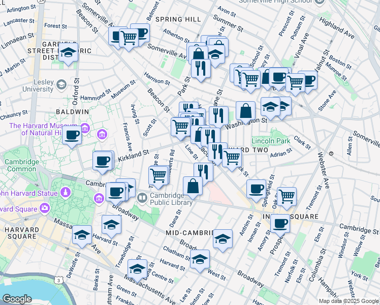 map of restaurants, bars, coffee shops, grocery stores, and more near in Somerville