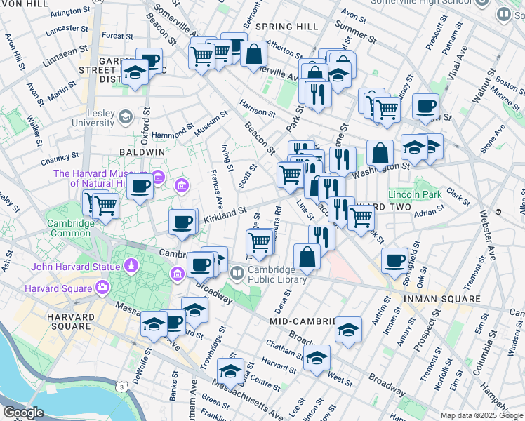 map of restaurants, bars, coffee shops, grocery stores, and more near in Cambridge