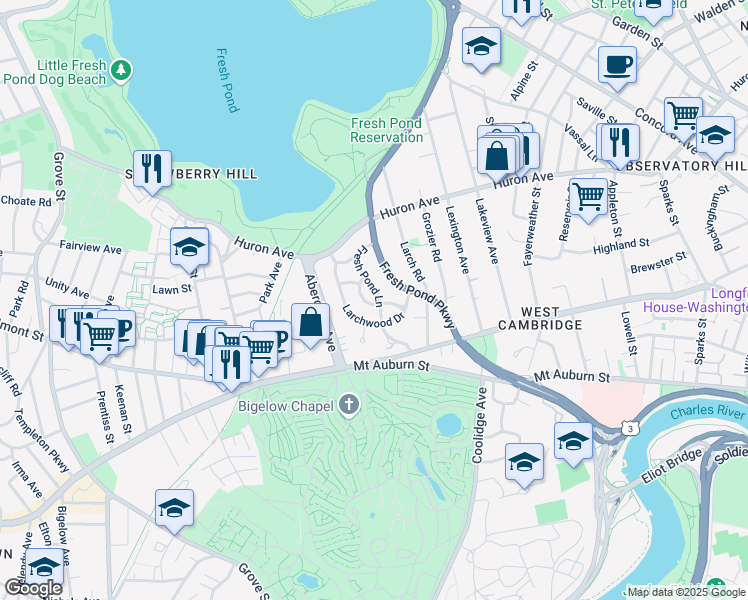 map of restaurants, bars, coffee shops, grocery stores, and more near 54 Fresh Pond Lane in Cambridge