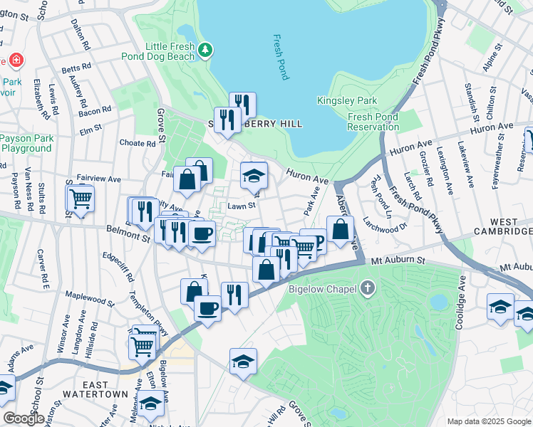 map of restaurants, bars, coffee shops, grocery stores, and more near 128 Holworthy Street in Cambridge