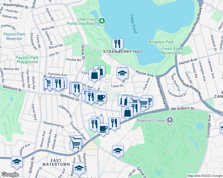 map of restaurants, bars, coffee shops, grocery stores, and more near 521 Lawn Street in Cambridge