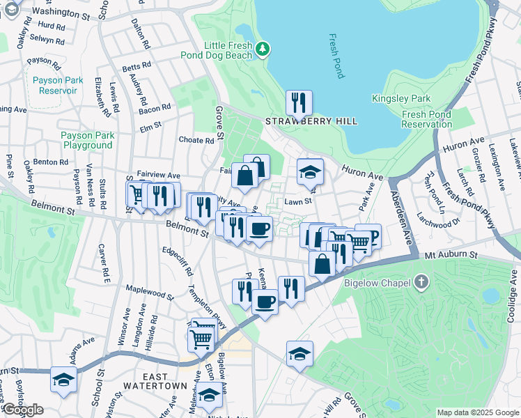 map of restaurants, bars, coffee shops, grocery stores, and more near 71 Oxford Circle in Belmont