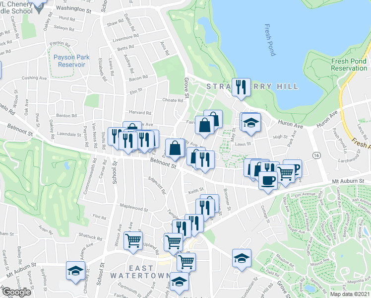 map of restaurants, bars, coffee shops, grocery stores, and more near 62 Unity Avenue in Belmont