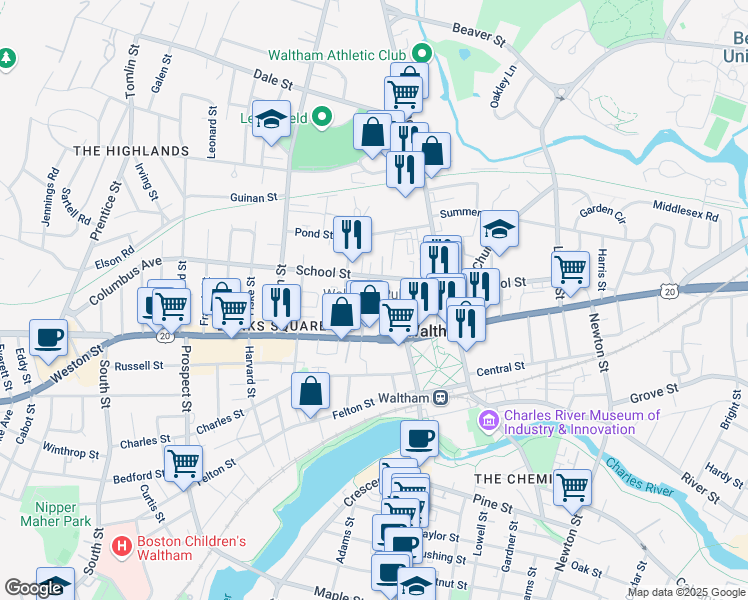 map of restaurants, bars, coffee shops, grocery stores, and more near 156 School Street in Waltham