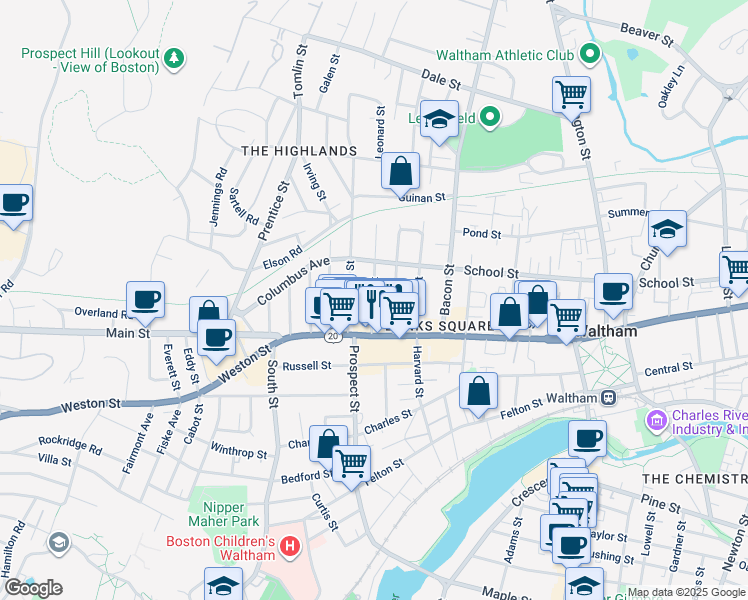 map of restaurants, bars, coffee shops, grocery stores, and more near 45b Francis Street in Waltham