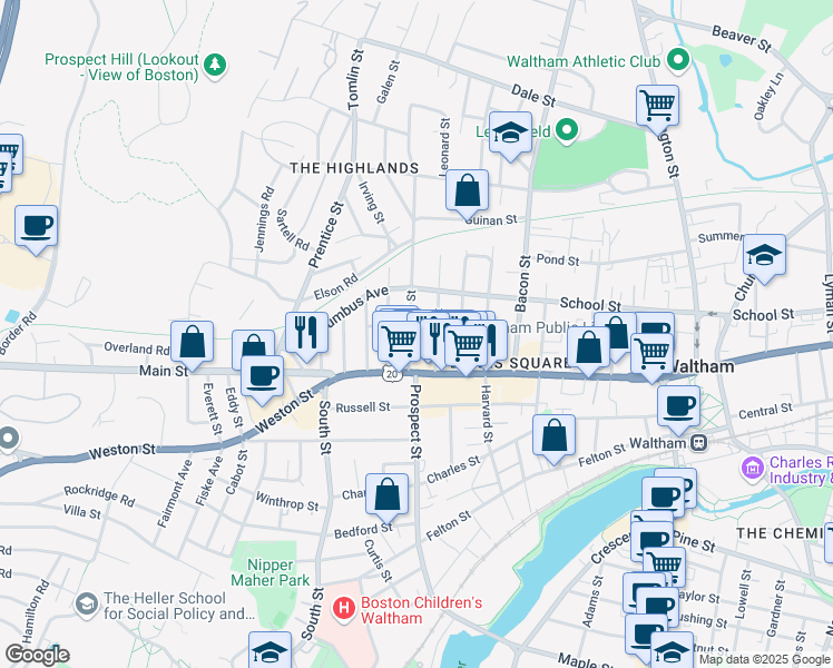 map of restaurants, bars, coffee shops, grocery stores, and more near 50 Hammond Street in Waltham
