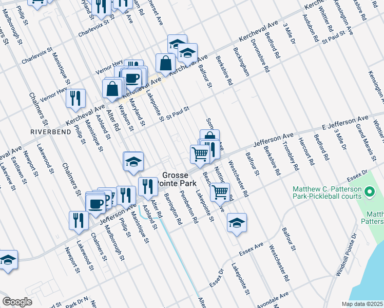 map of restaurants, bars, coffee shops, grocery stores, and more near 1029 Beaconsfield Avenue in Grosse Pointe Park