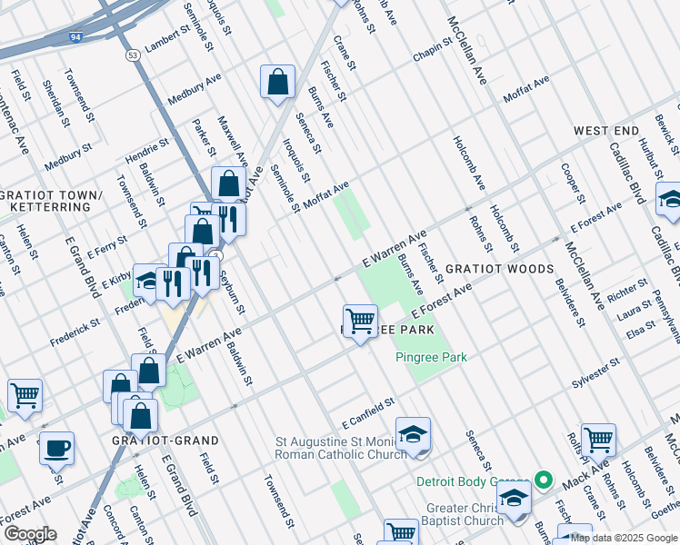 map of restaurants, bars, coffee shops, grocery stores, and more near 5050 Seminole Street in Detroit