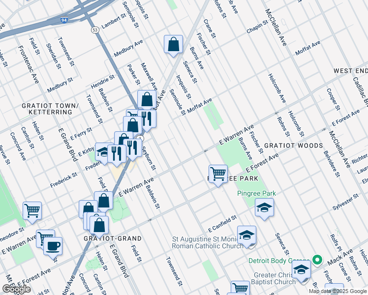 map of restaurants, bars, coffee shops, grocery stores, and more near 5101 Maxwell Avenue in Detroit
