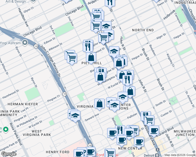 map of restaurants, bars, coffee shops, grocery stores, and more near 158 Pingree Street in Detroit
