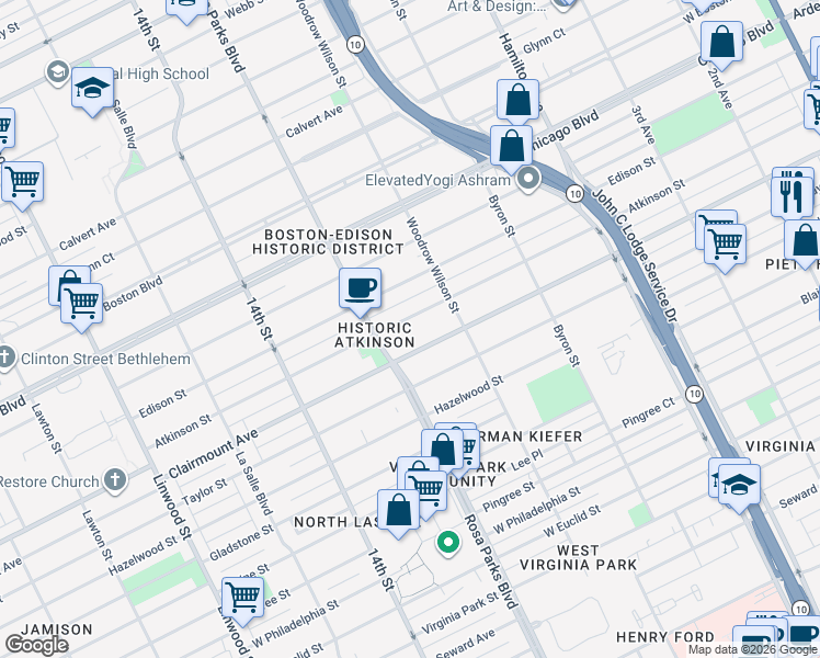 map of restaurants, bars, coffee shops, grocery stores, and more near 1674 Atkinson Street in Detroit