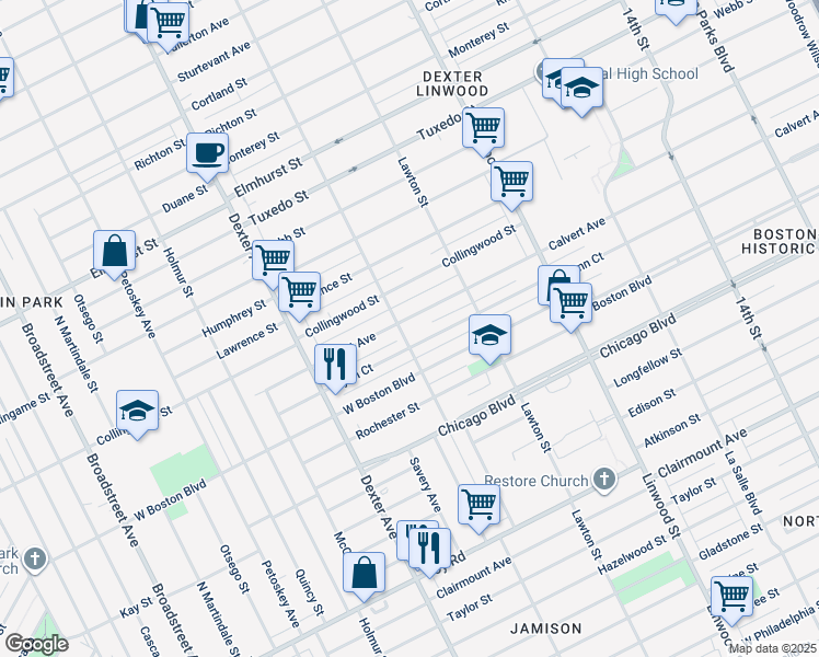 map of restaurants, bars, coffee shops, grocery stores, and more near 3030 Calvert Avenue in Detroit