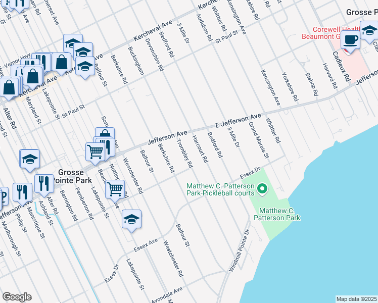 map of restaurants, bars, coffee shops, grocery stores, and more near 968 Trombley Road in Grosse Pointe Park