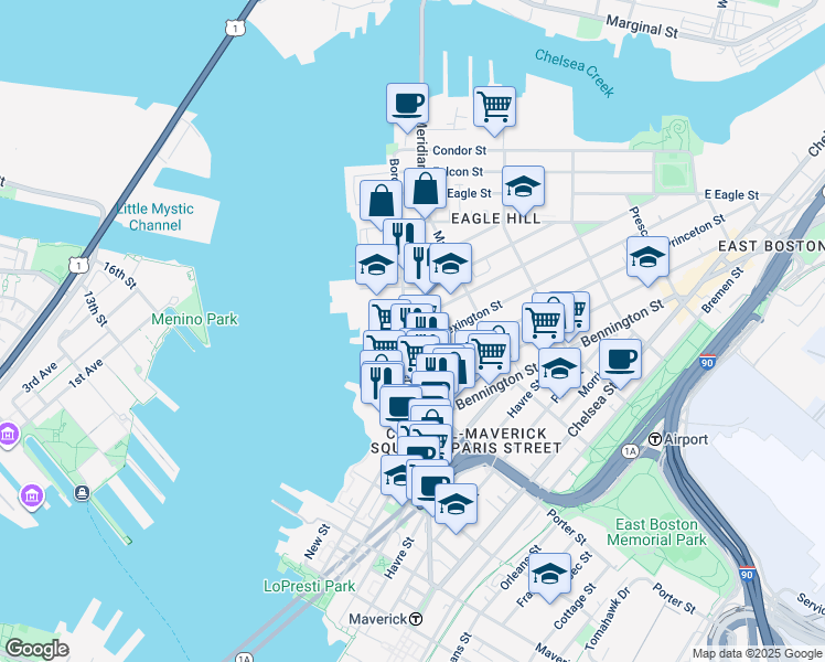map of restaurants, bars, coffee shops, grocery stores, and more near 277 Border Street in Boston