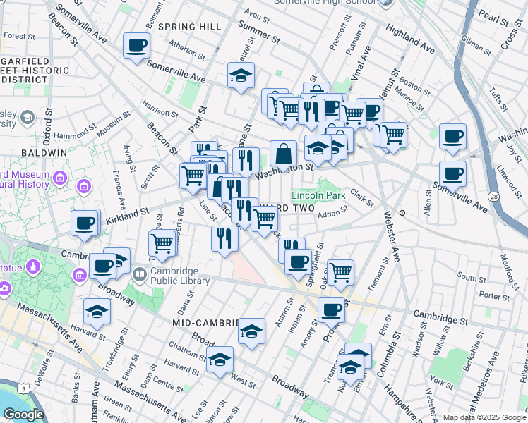 map of restaurants, bars, coffee shops, grocery stores, and more near 99 Marion Street in Somerville
