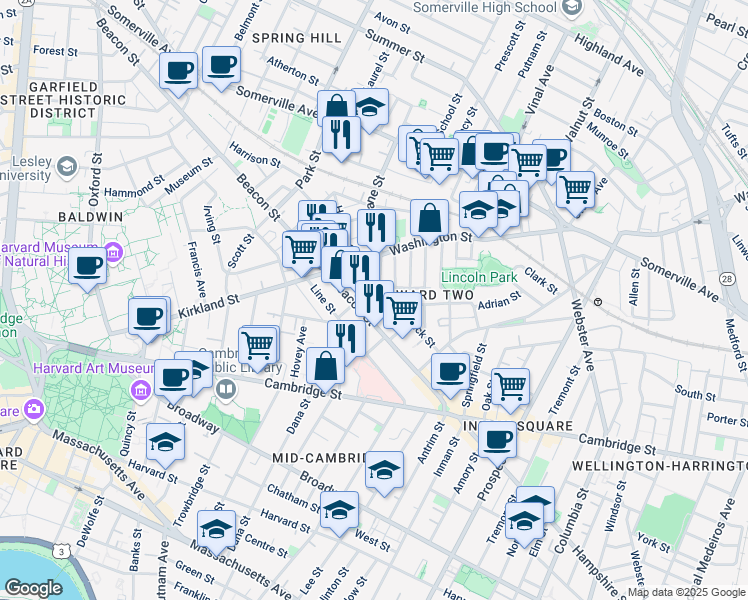 map of restaurants, bars, coffee shops, grocery stores, and more near 40 Calvin Street in Somerville