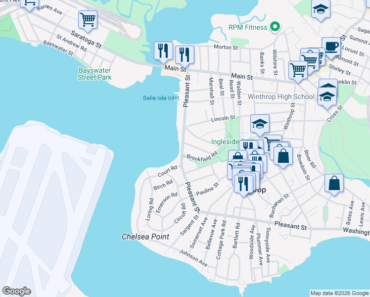 map of restaurants, bars, coffee shops, grocery stores, and more near 429 Pleasant Street in Winthrop