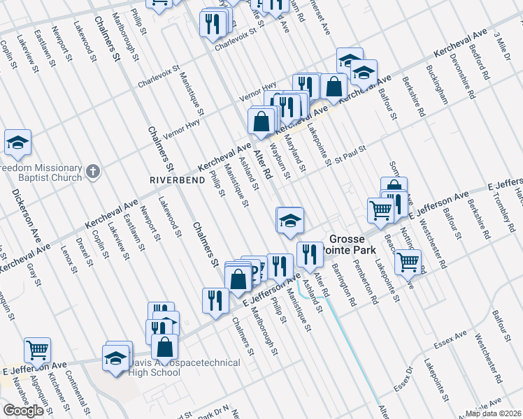 map of restaurants, bars, coffee shops, grocery stores, and more near 1256 Ashland Street in Detroit