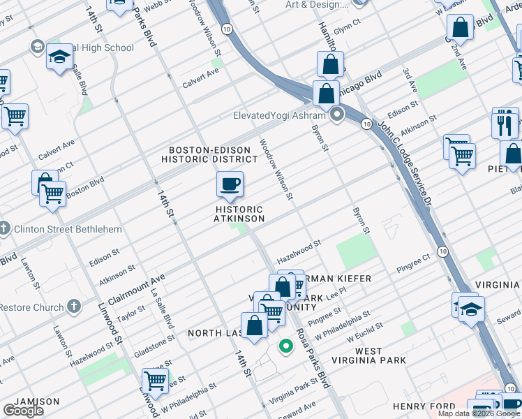 map of restaurants, bars, coffee shops, grocery stores, and more near 1674 Atkinson Street in Detroit