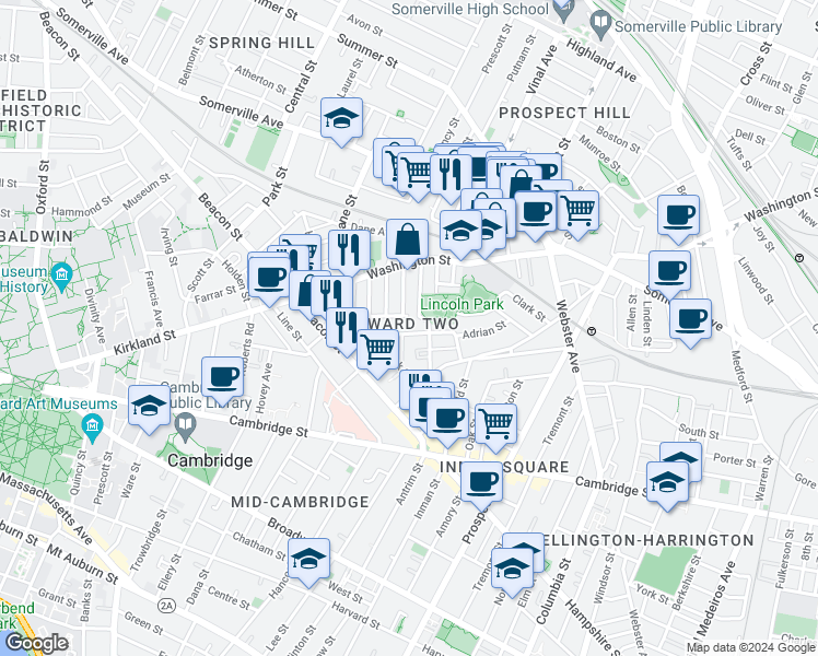 map of restaurants, bars, coffee shops, grocery stores, and more near 67 Marion Street in Somerville