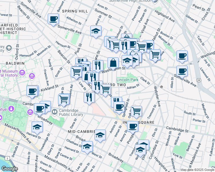 map of restaurants, bars, coffee shops, grocery stores, and more near 93 Marion Street in Somerville