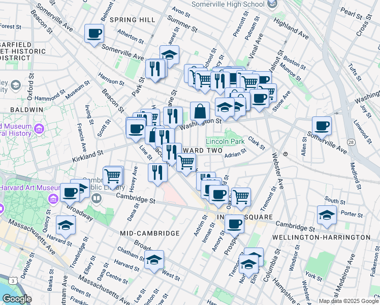 map of restaurants, bars, coffee shops, grocery stores, and more near 93 Marion Street in Somerville