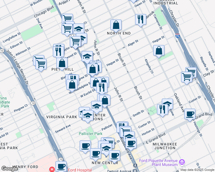 map of restaurants, bars, coffee shops, grocery stores, and more near 8403 John R Street in Detroit