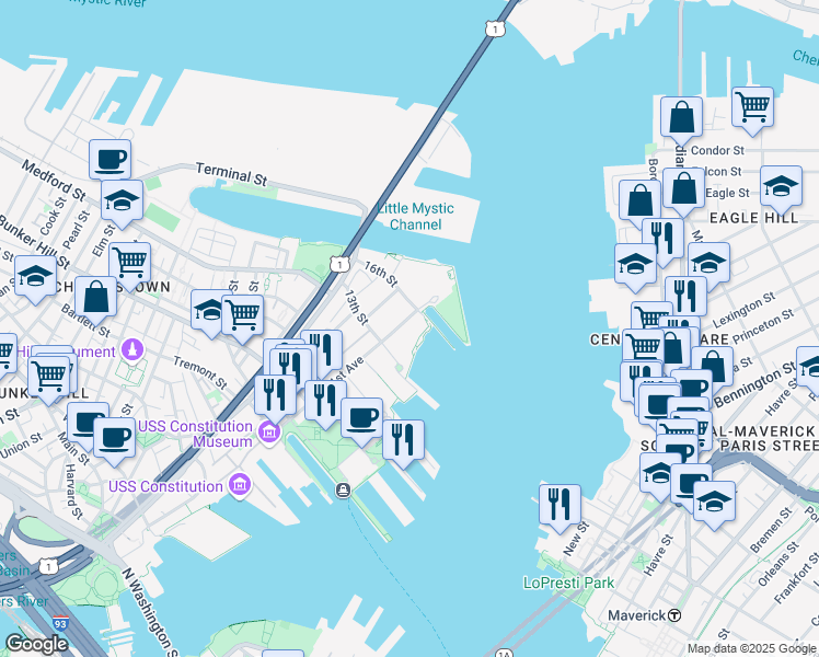 map of restaurants, bars, coffee shops, grocery stores, and more near 300 1st Avenue in Boston